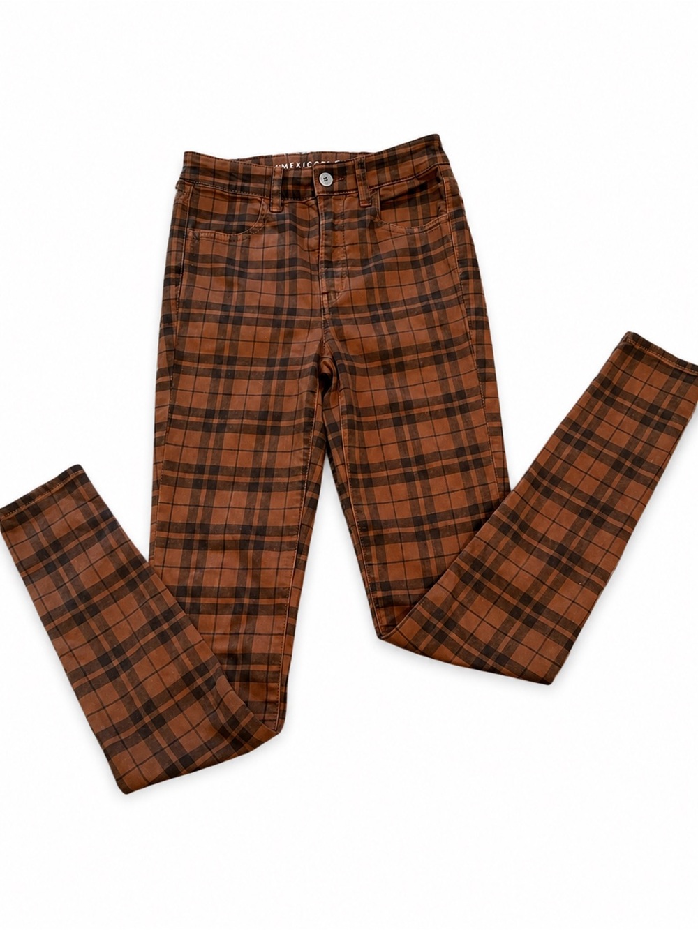 American Eagle Brown Plaid Skinny Pants Women’s Fall Preppy Stretch Jeans 2 long